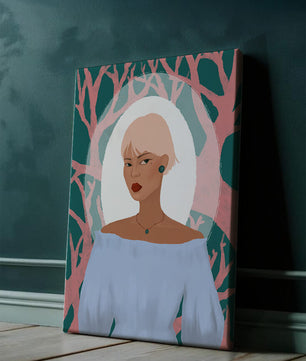 Illustration einer Frau mit einem pastellfarbenen Hintergrund aus abstrakten Bäumen