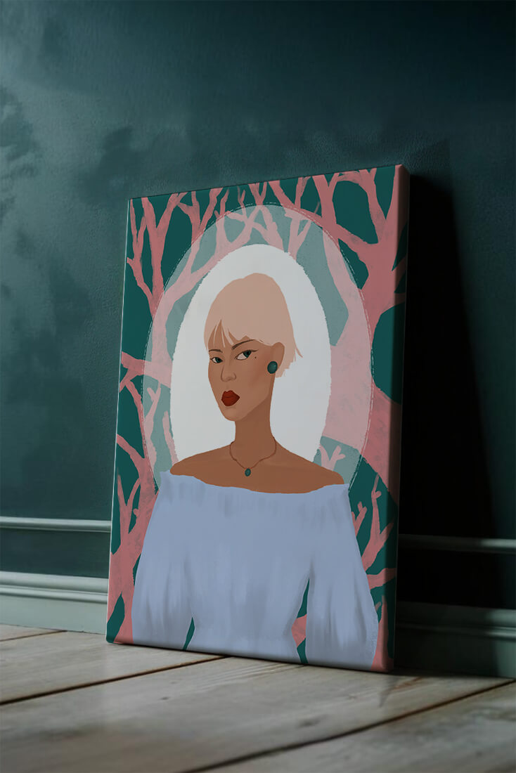 Illustration einer Frau mit einem pastellfarbenen Hintergrund aus abstrakten Bäumen