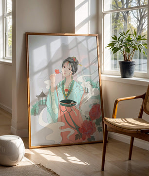 Elegant Asian woman with flowers and mountain background