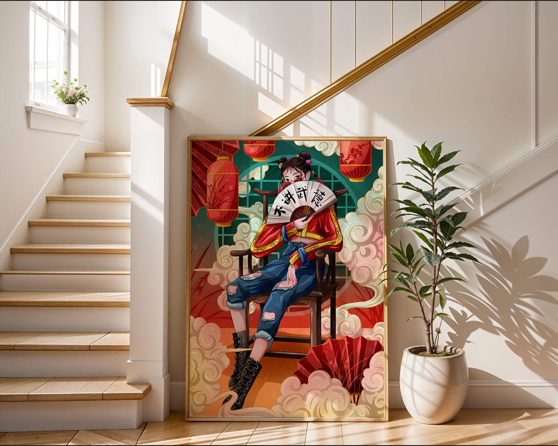 Female character with fan in colorful oriental setting