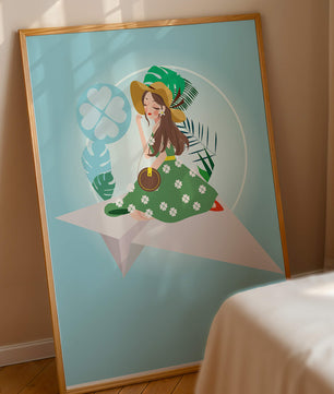 Mujer en un avión de papel con fondo de tema tropical