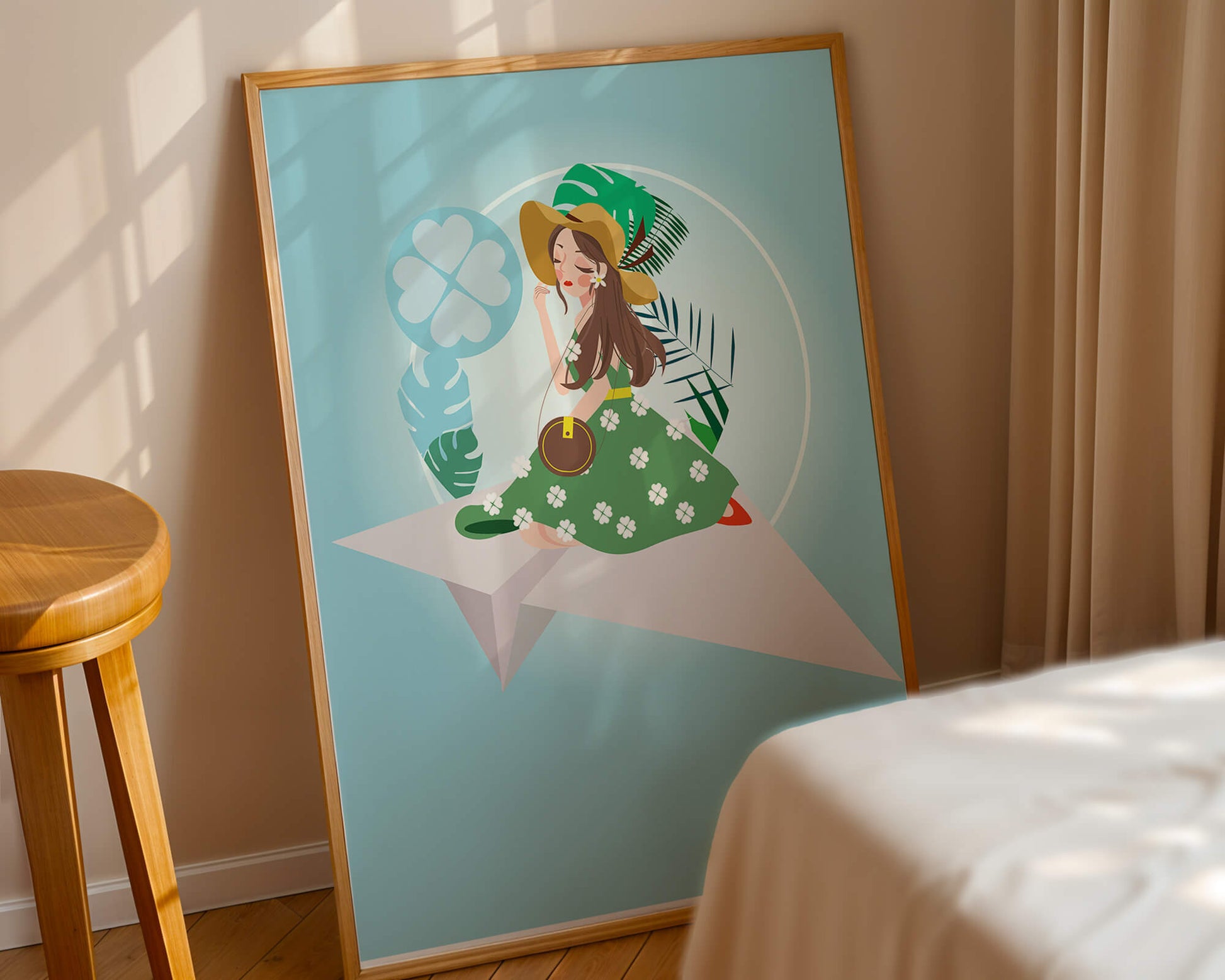 Woman on paper plane with tropical theme background