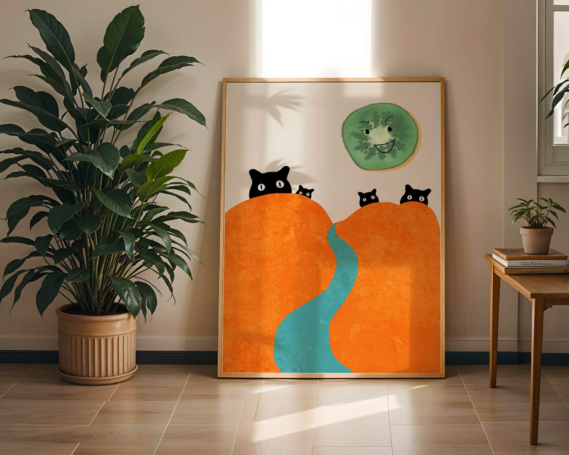 Playful Cats and Smiling Kiwi in Vibrant Hills