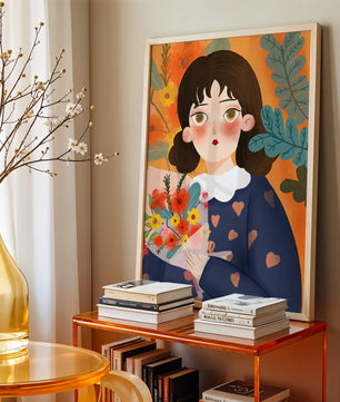 Ilustración colorida de una chica con flores rodeada de un fondo floral vibrante