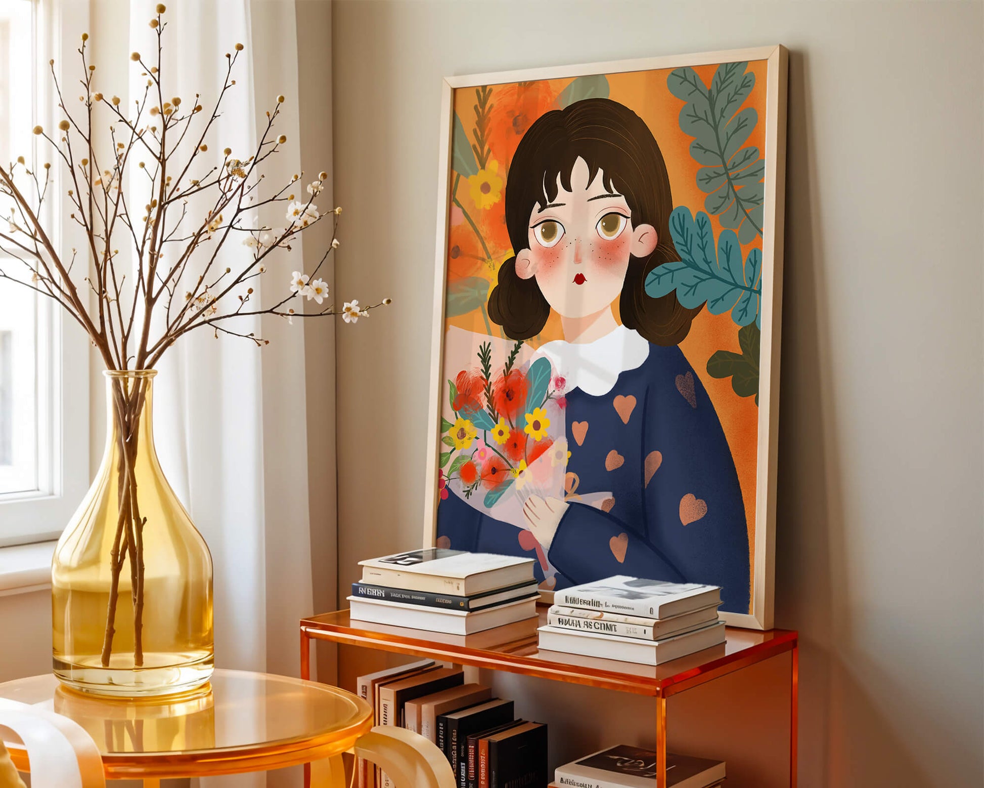 Ilustración colorida de una niña con flores rodeada de un fondo floral vibrante.