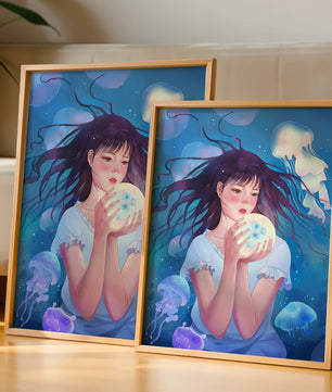 Enchanted underwater scene with girl and glowing jellyfish