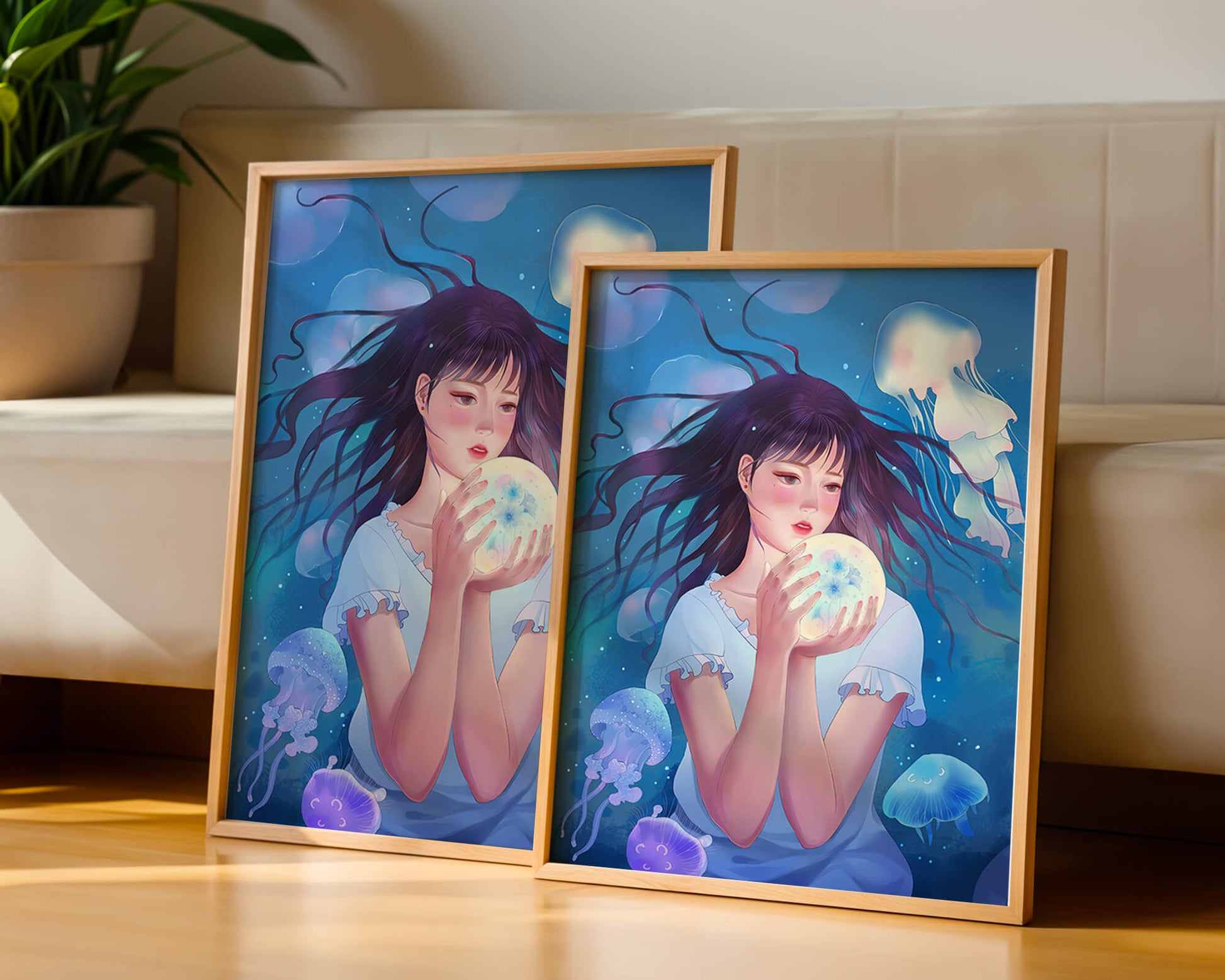 Enchanted underwater scene with girl and glowing jellyfish