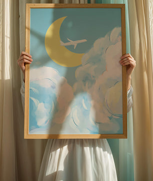 Ilustración de cielo panorámico con avión y luna creciente