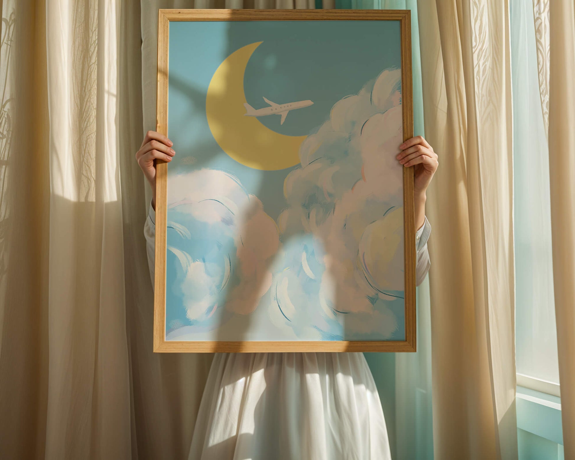 Scenic sky illustration with airplane and crescent moon
