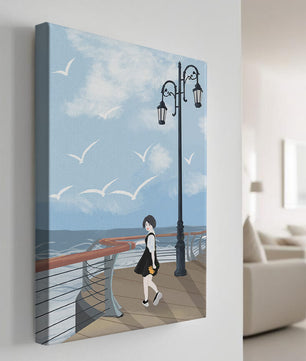 Seaside boardwalk with woman walking under street lamps amid seagulls