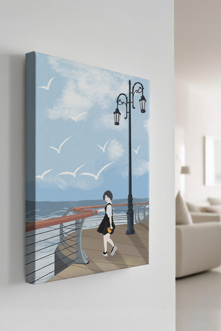 Seaside boardwalk with woman walking under street lamps amid seagulls