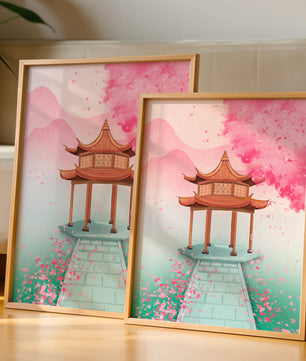 Traditioneller asiatischer Pavillon, umgeben von Kirschblüten