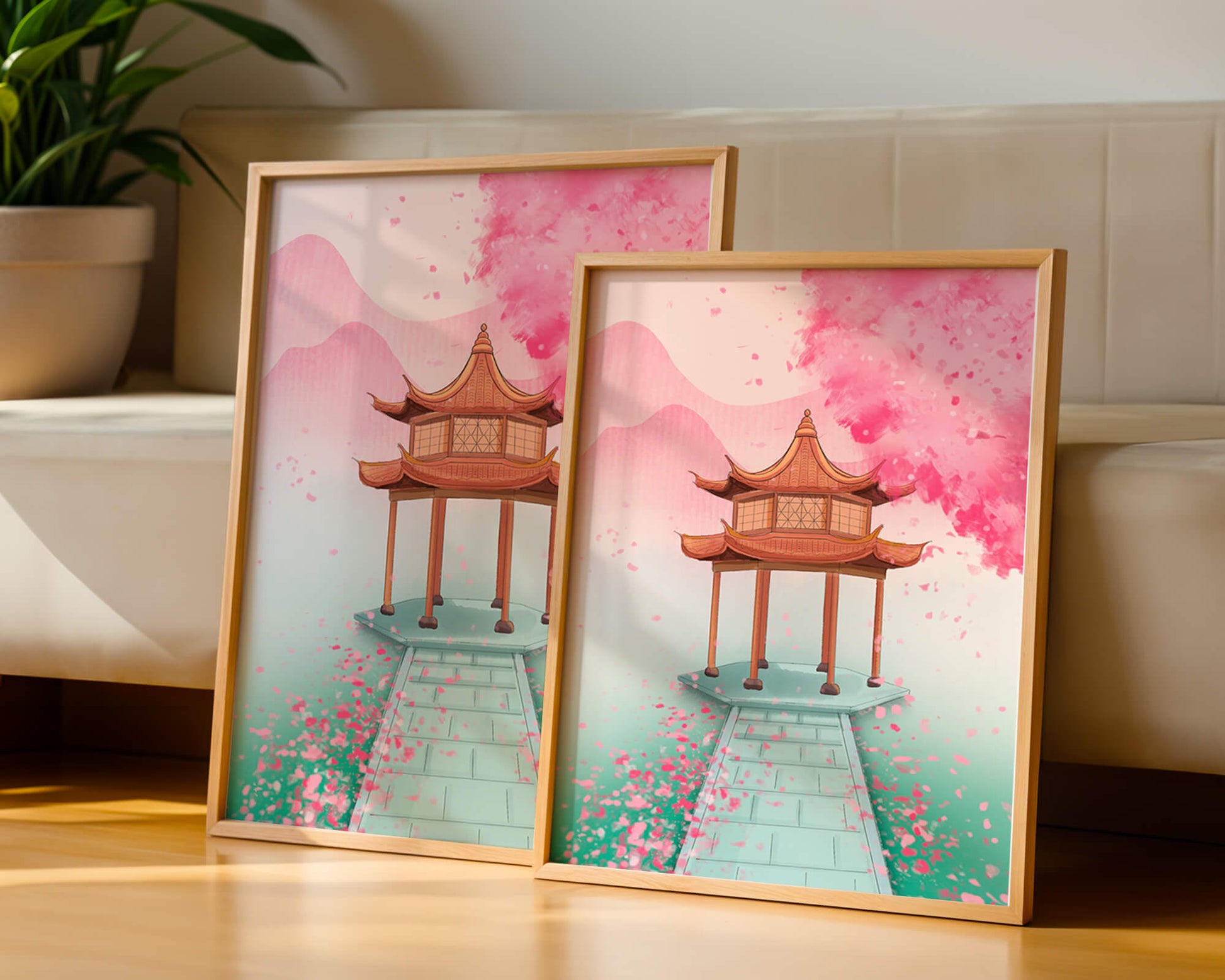 Traditional Asian gazebo surrounded by cherry blossoms