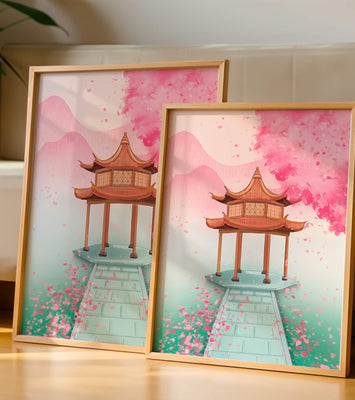Traditional Asian gazebo surrounded by cherry blossoms