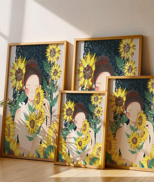 Young woman surrounded by vibrant sunflowers in a serene setting