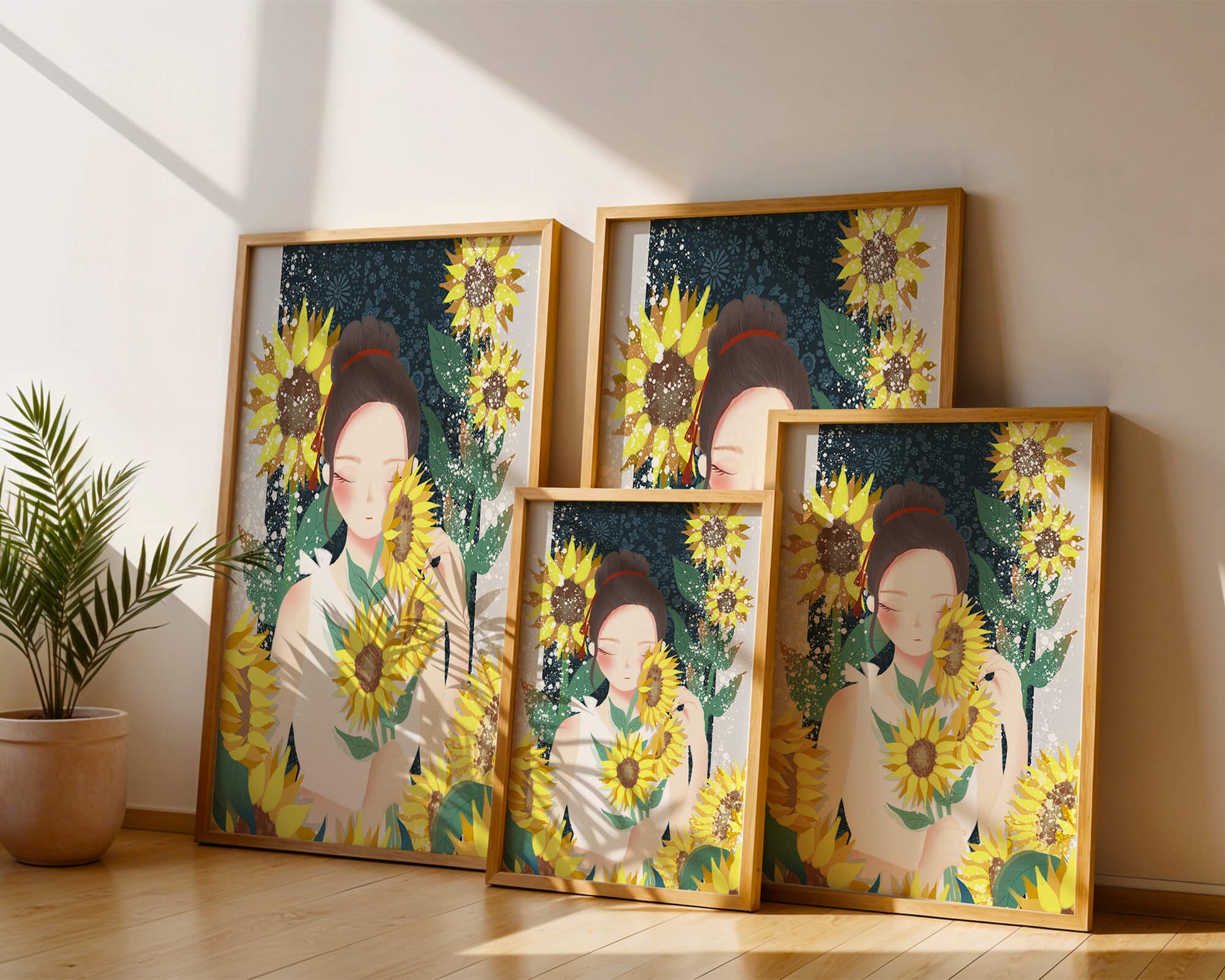 Young woman surrounded by vibrant sunflowers in a serene setting