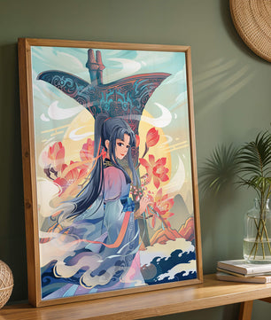 Art fantastique élégant : femme en tenue traditionnelle avec fond floral
