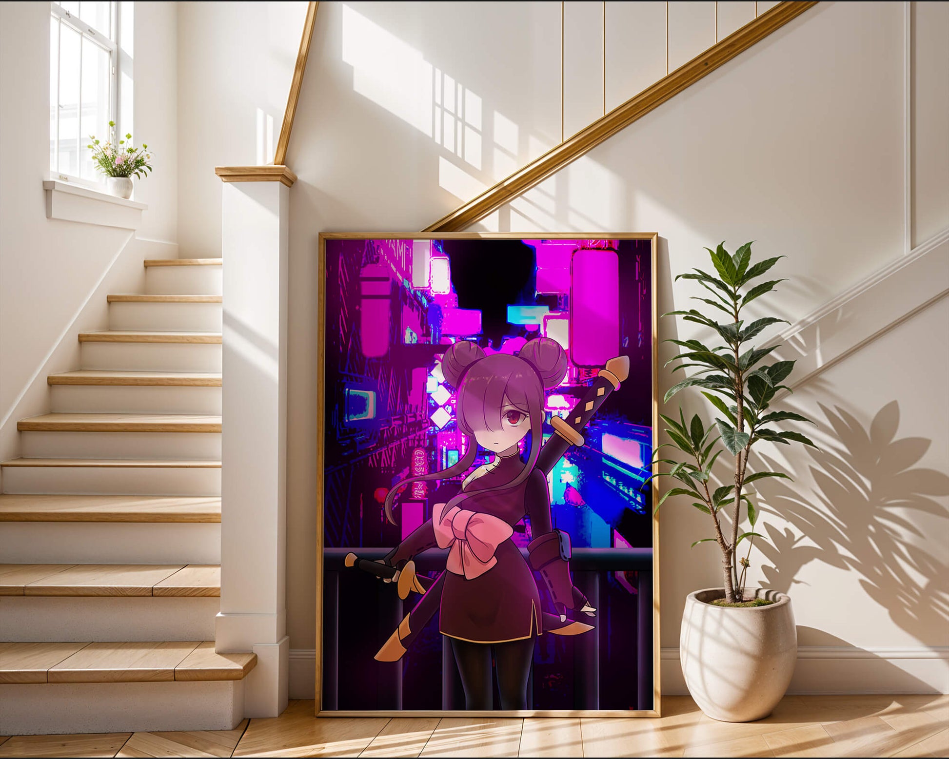 Anime Character with Swords and Neon Cityscape Background