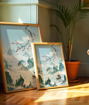 Chinese Landscape with Cherry Blossoms and Boat in Misty Mountains - Mi tienda