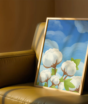 Künstlerische Illustration von Baumwollpflanzen vor einem klaren blauen Himmel