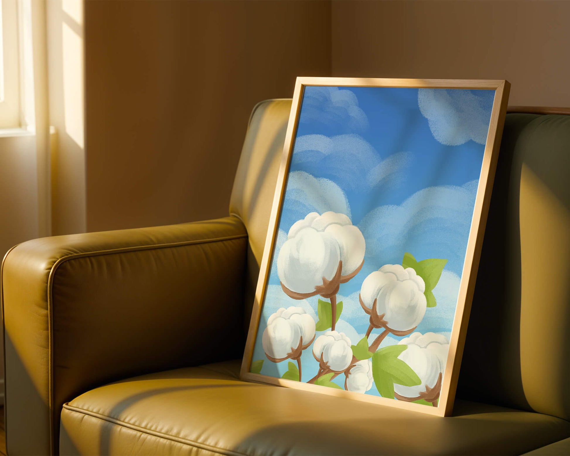 Künstlerische Illustration von Baumwollpflanzen vor einem klaren blauen Himmel