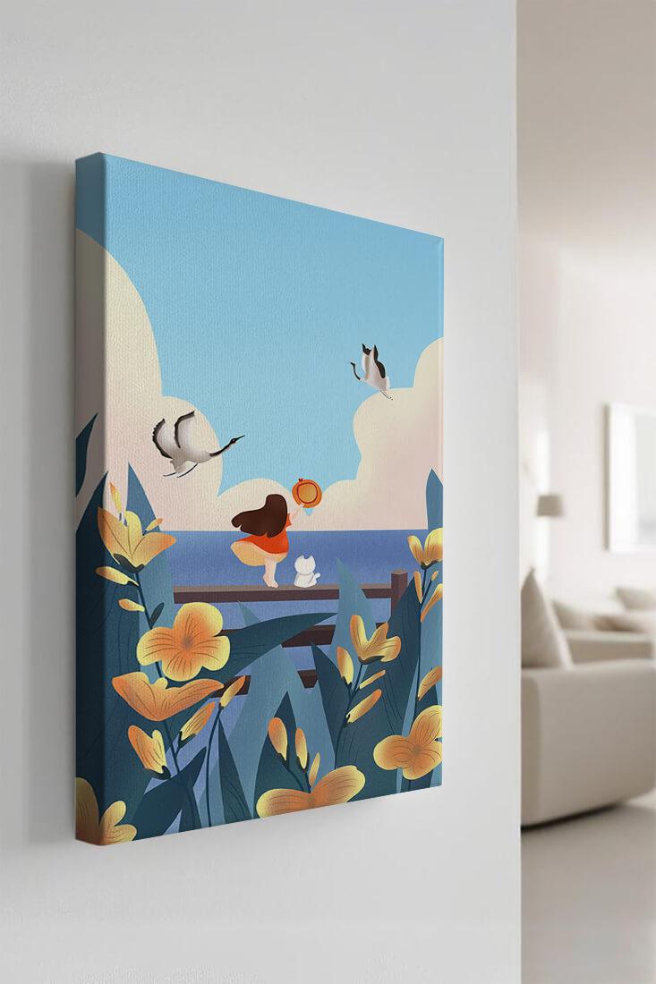 Serene seaside scene with girl, cat, and birds in nature