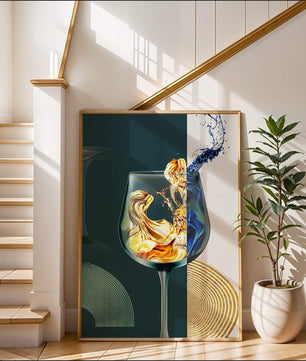 Fusión elegante de líquidos en una copa de vino con elementos dorados y azules