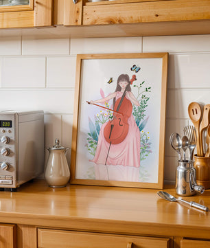 Girl Playing Cello Surrounded by Nature with Butterflies - Mi tienda