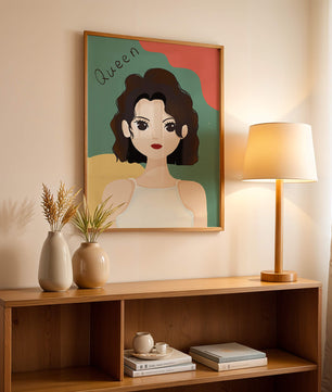 Stylized illustration of a confident woman with abstract background