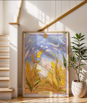 Cute Bunny in Wheat Field with Virgo Zodiac Theme