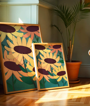 Ilustración floral con margaritas amarillas y naranjas sobre fondo turquesa