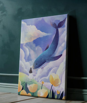 Paisaje surrealista con una ballena gigante y elementos caprichosos