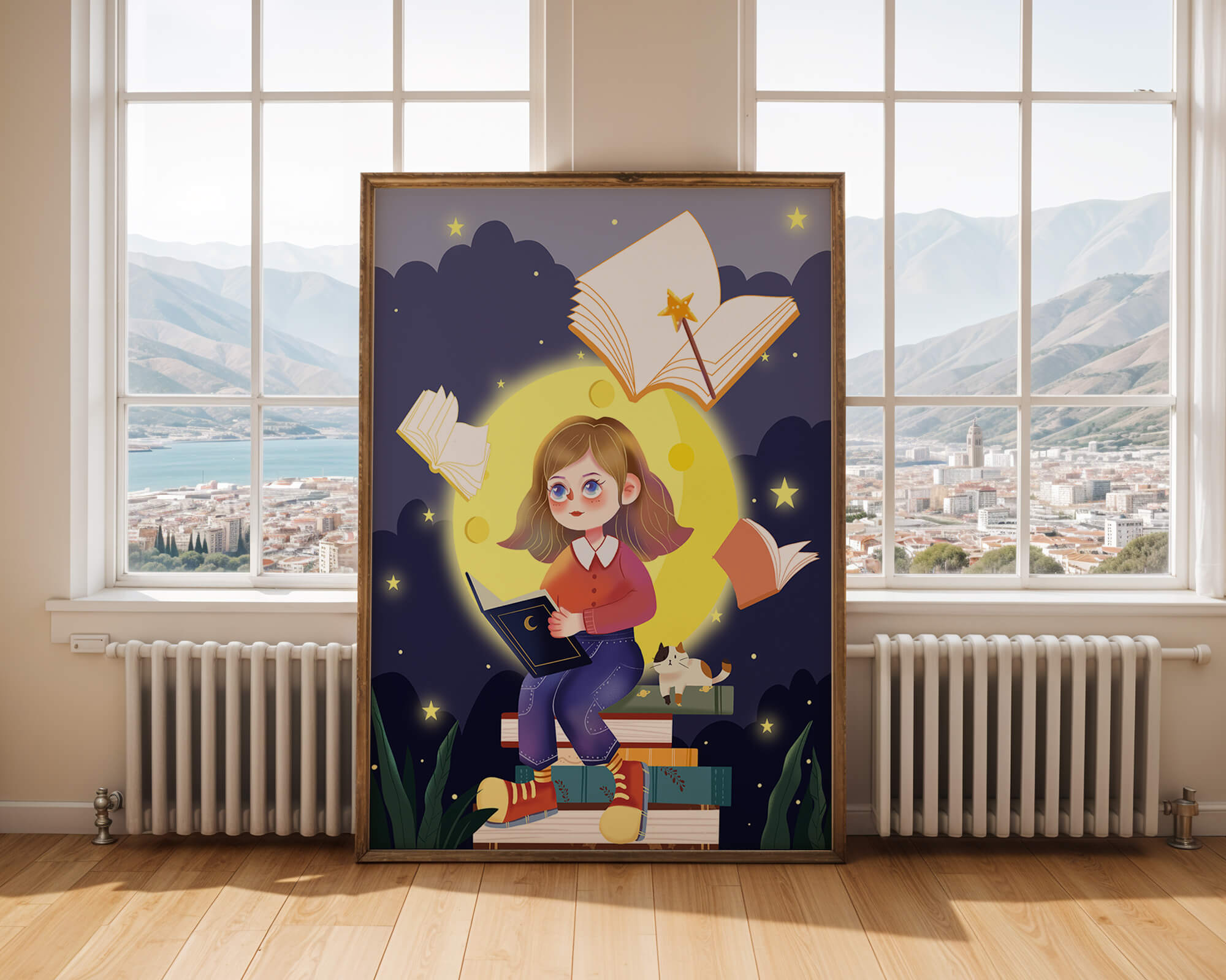 Illustration of a girl reading books under a starry night sky