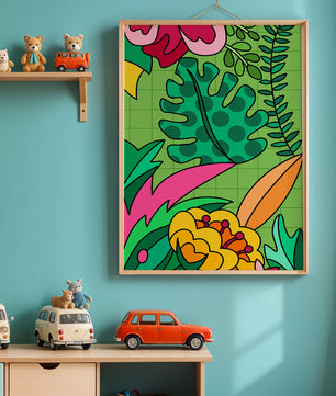 Colorful botanical illustration with vibrant tropical elements