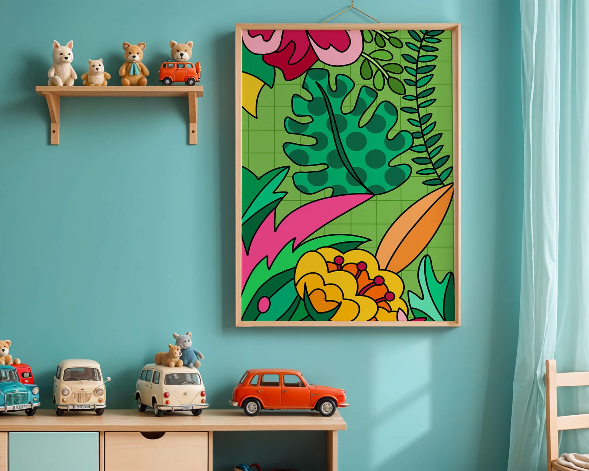 Colorful botanical illustration with vibrant tropical elements