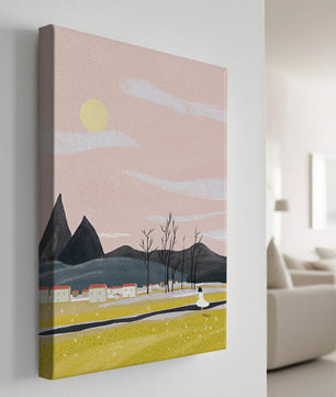 Serene landscape with mountains, village, and a girl under a pink sky
