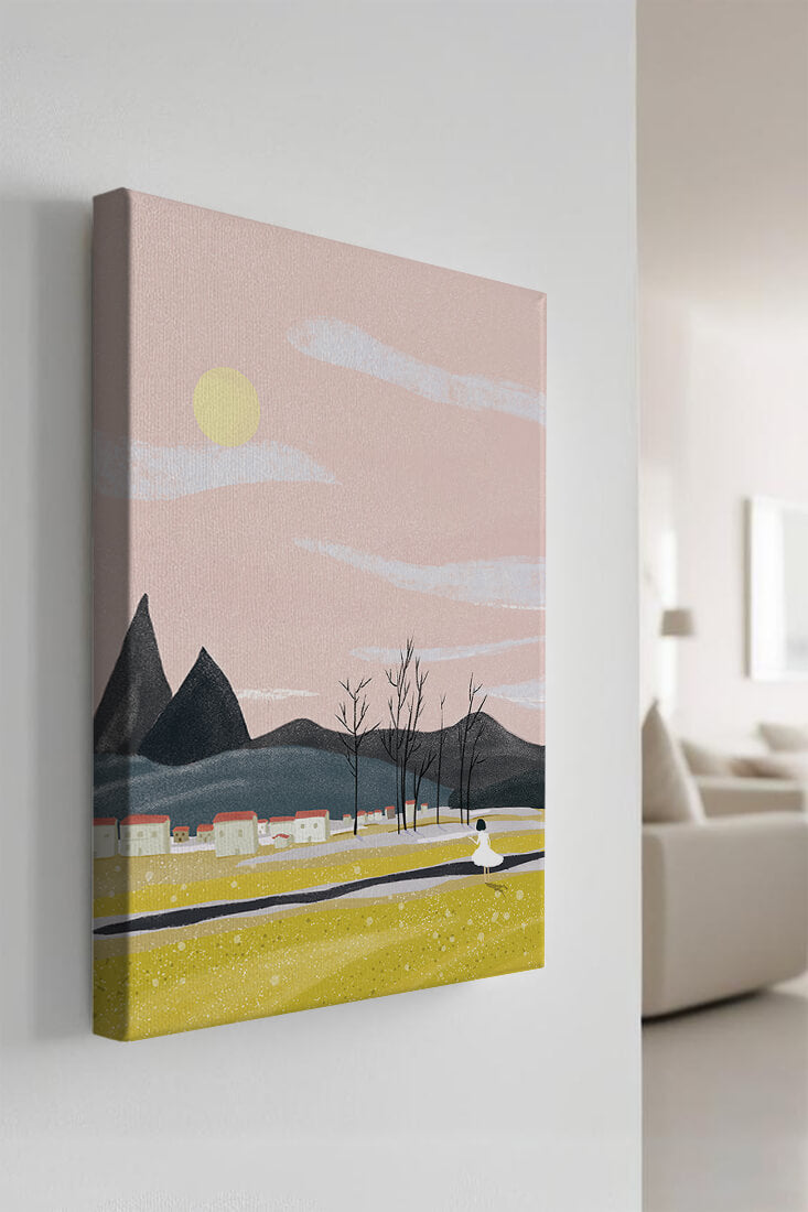 Serene landscape with mountains, village, and a girl under a pink sky