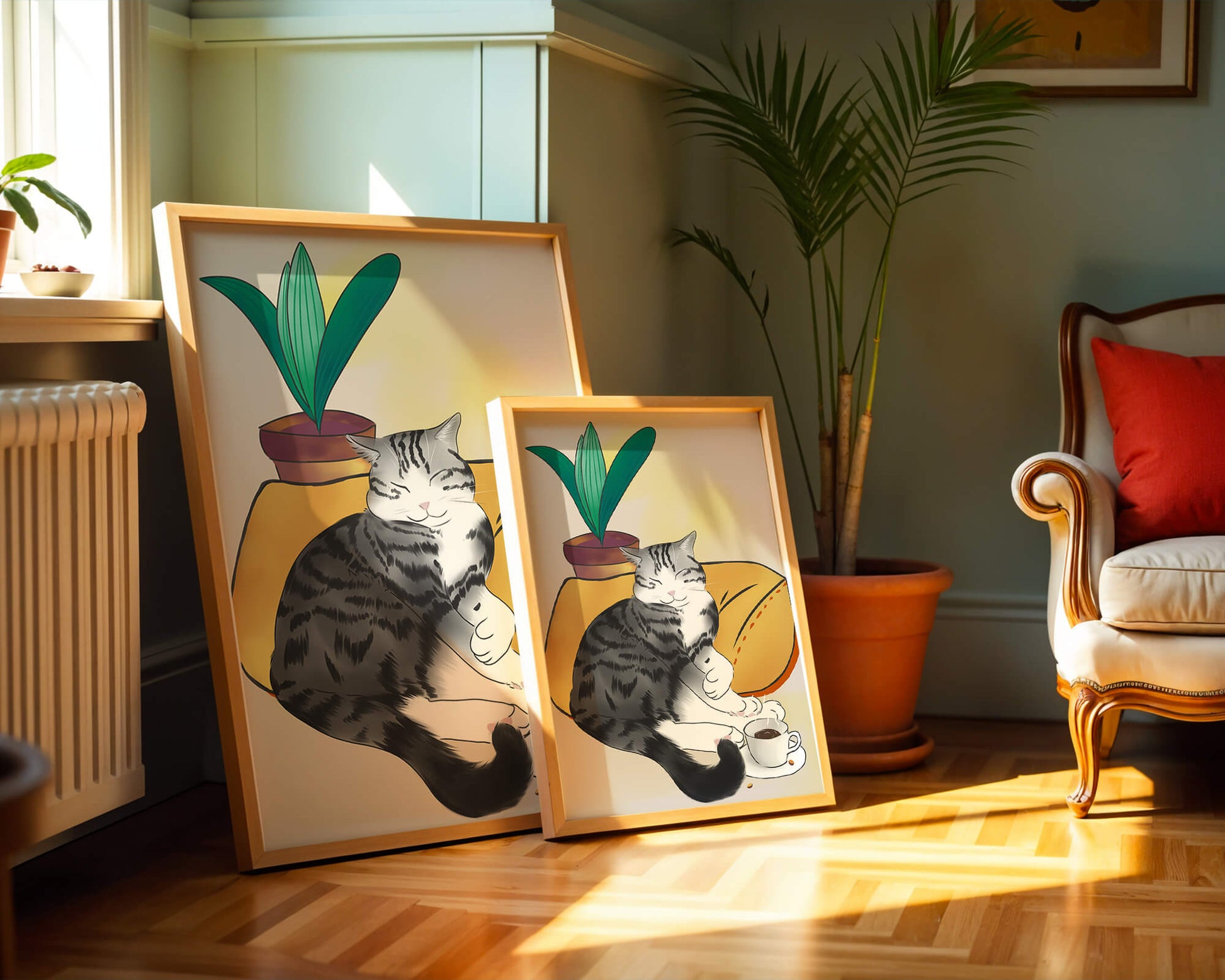 Entspannte Katze mit Kaffee und Pflanze auf gemütlichem Kissen