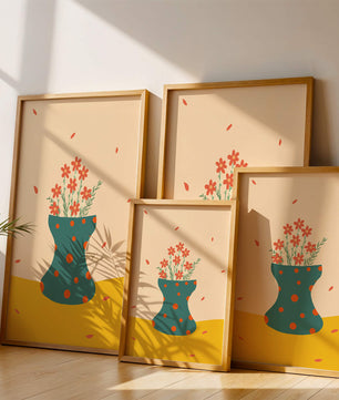 Floral Illustration with Polka Dot Vase on Colorful Background - Mi tienda