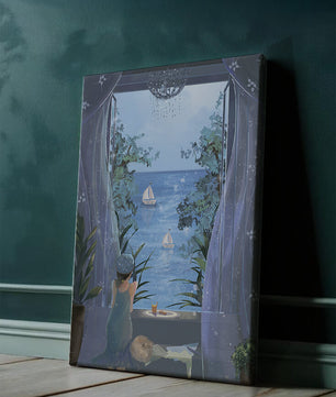 Serene seaside view from an open window with a sailboat and relaxing atmosphere