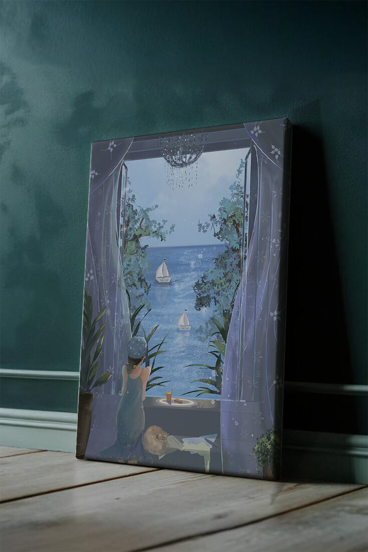 Serene seaside view from an open window with a sailboat and relaxing atmosphere