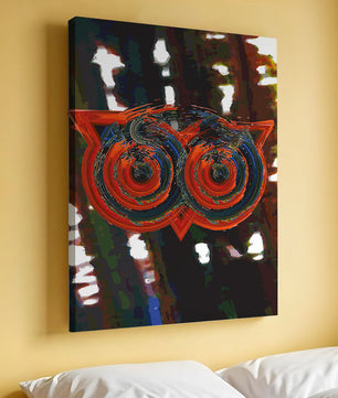 Abstract artwork featuring colorful geometric owl design