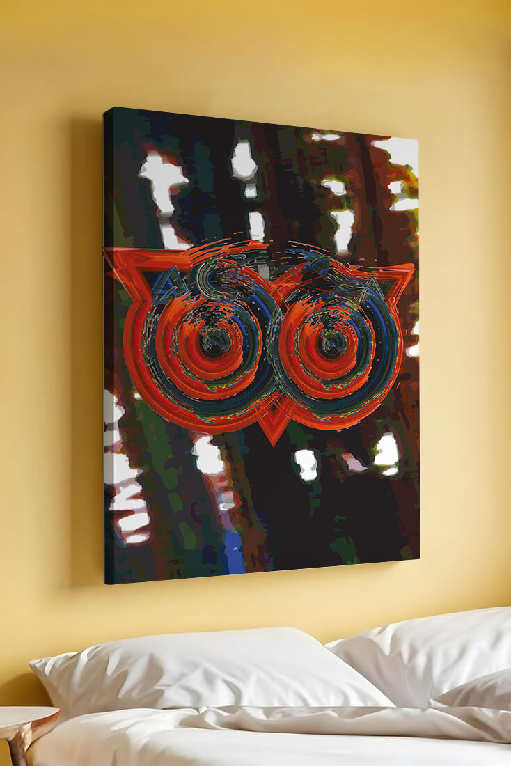 Abstract artwork featuring colorful geometric owl design