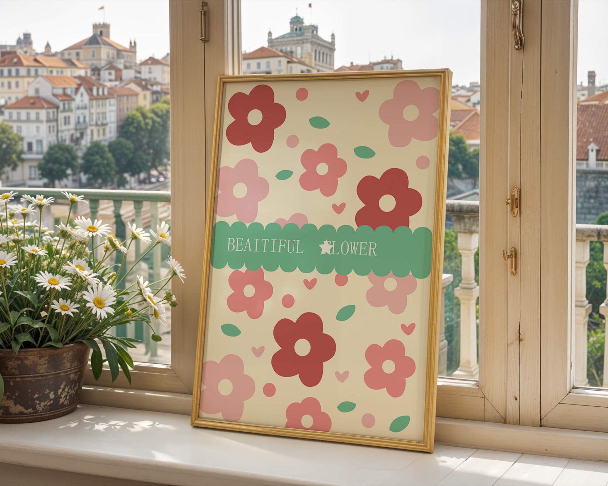 Floral pattern with retro color design and decorative text