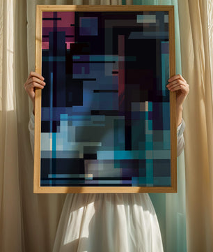 Arte digital geométrico abstracto con tonos azules y morados