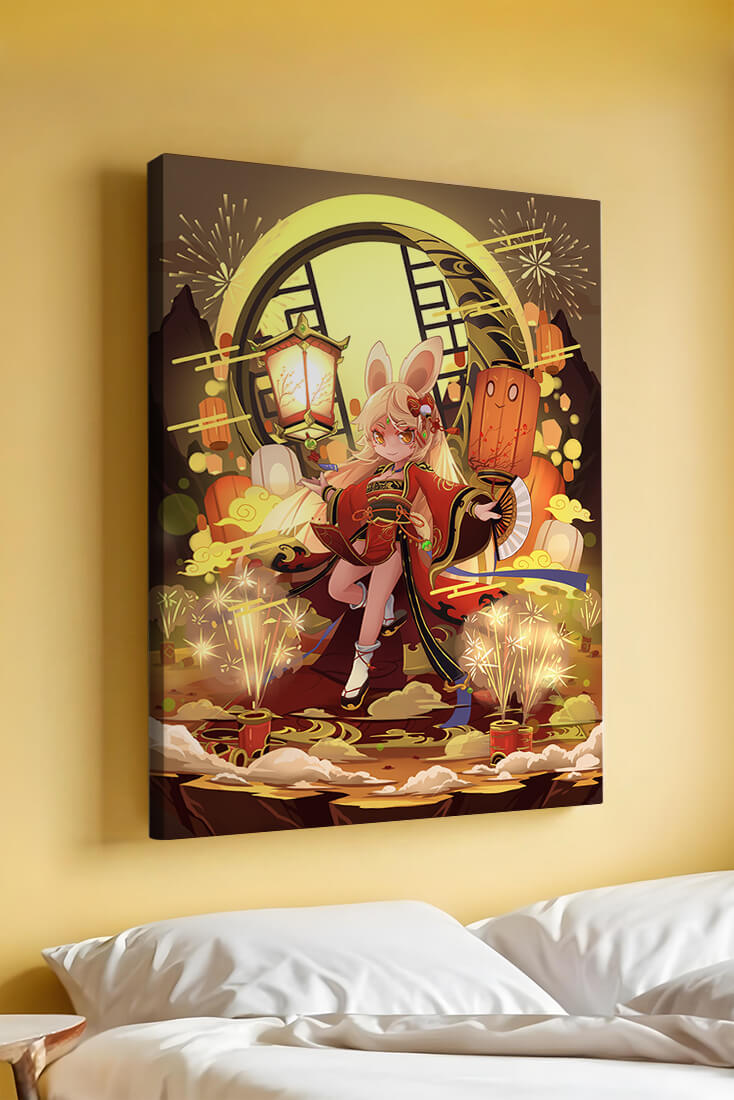 Festive celebration with a lantern-carrying character amidst fireworks and moonlight
