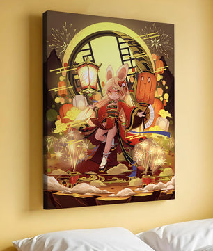Festive celebration with a lantern-carrying character amidst fireworks and moonlight