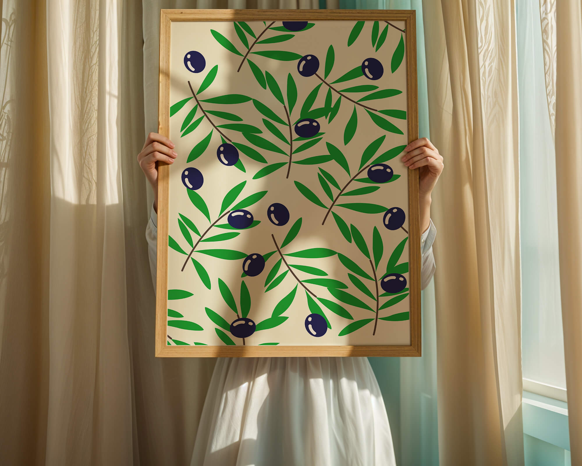 Olive branch pattern with green leaves and blue olives