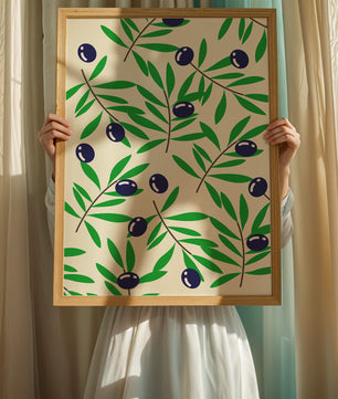 Olive branch pattern with green leaves and blue olives