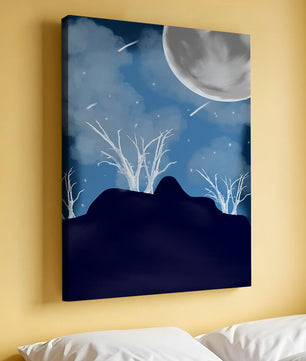 Paysage nocturne d'hiver avec arbres nus et pleine lune